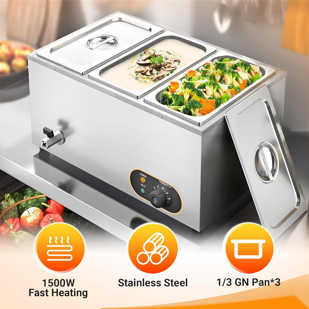 Bain Marie Voedselverwarmer, waterbad, Gastro GN-containers, 1/3 x 3 warmhouders, roestvrij staal, met afvoerkraan, 1500 W, elektrische buffetwarmer