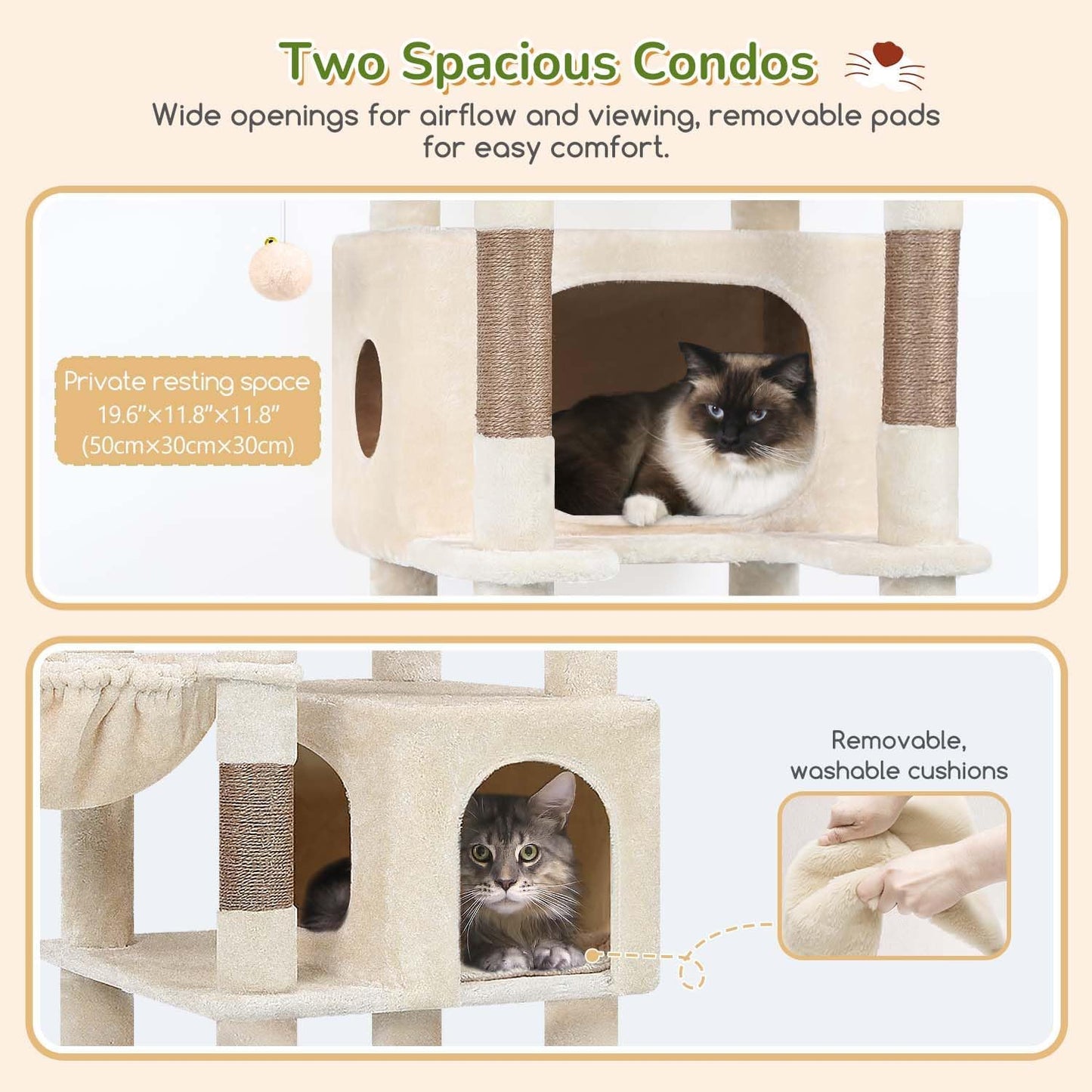 Krabpaal – Kattenboom – Kattenhuis – Krabton – Klimelement – Beige – 188 cm Hoog – 2 Grote Kattenhuisjes Met Gevoerd Platform
