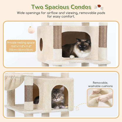 Krabpaal – Kattenboom – Kattenhuis – Krabton – Klimelement – Beige – 188 cm Hoog – 2 Grote Kattenhuisjes Met Gevoerd Platform