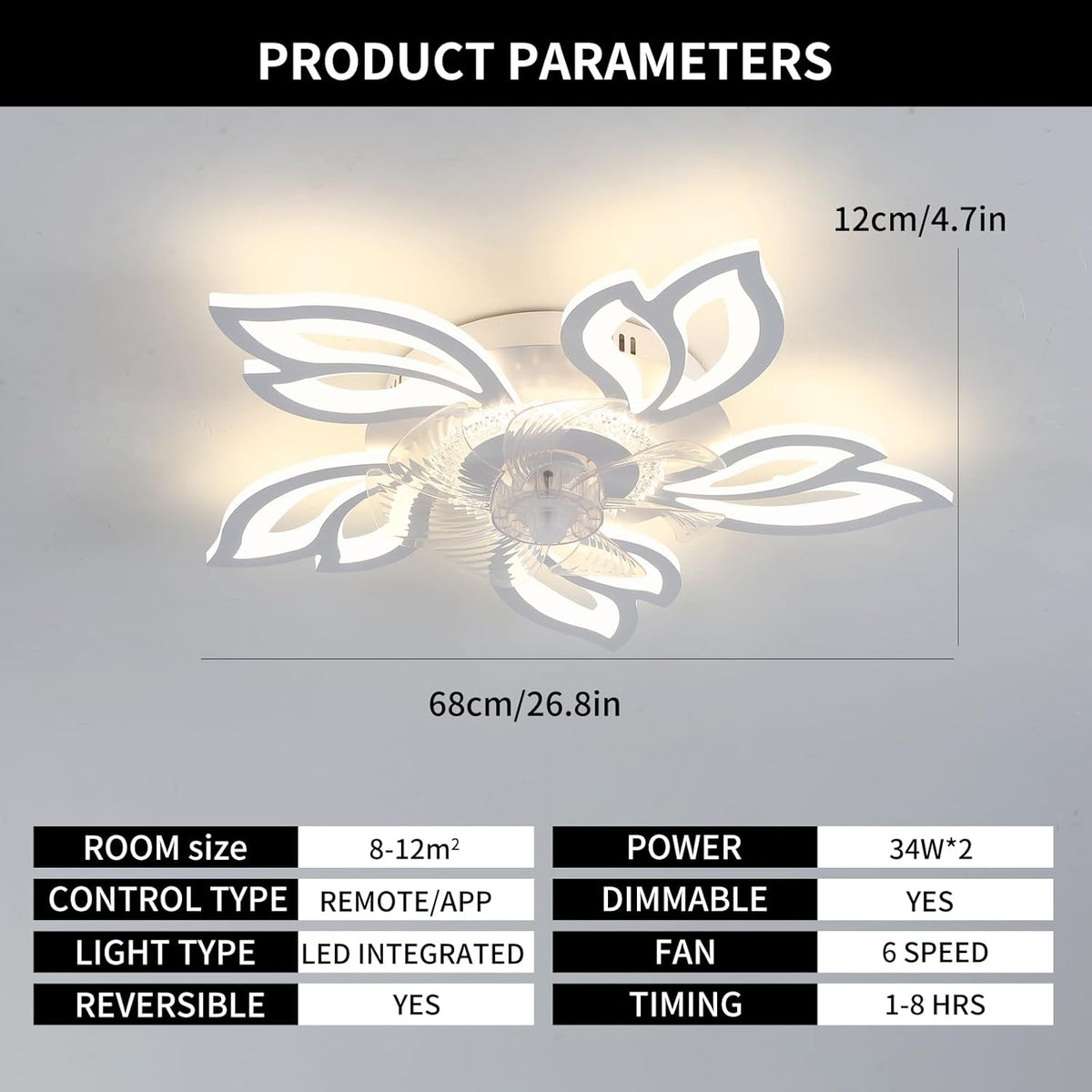 Plafondventilator met verlichting, plafondventilator met 6 snelheden, 3 kleuren, met lichtgevende afstandsbediening, inbouwplafondventilator, moderne led-kroonluchter met verlichting voor