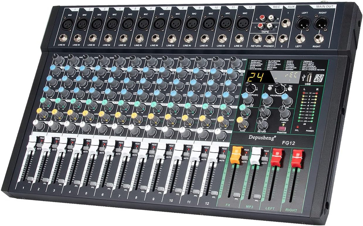 12-Kanaals Audiomixer – Mengpaneel – Geluidsmixer – Audio-Mixer – Studiomixer – USB-Aansluiting voor PC en Mac – 24 DSP-Effecten