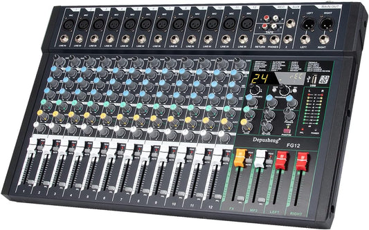12-Kanaals Audiomixer – Mengpaneel – Geluidsmixer – Audio-Mixer – Studiomixer – USB-Aansluiting voor PC en Mac – 24 DSP-Effecten