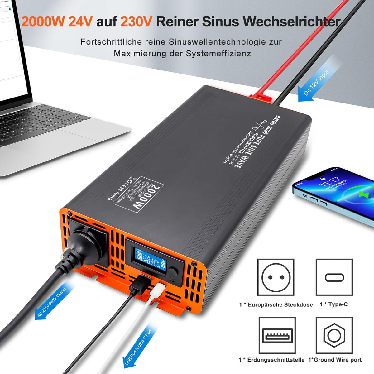 DATOUBOSS Omvormer 24v 230v Pure Sine 2000W Afstandsbediening Spanningsomvormer Pure Sine met 1 EU stopcontact USB & Type-c & LCD Display