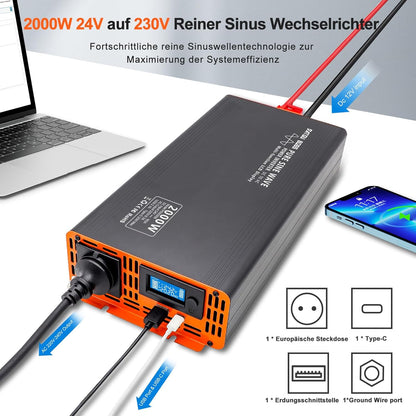 DATOUBOSS Omvormer 24v 230v Pure Sine 2000W Afstandsbediening Spanningsomvormer Pure Sine met 1 EU stopcontact USB & Type-c & LCD Display