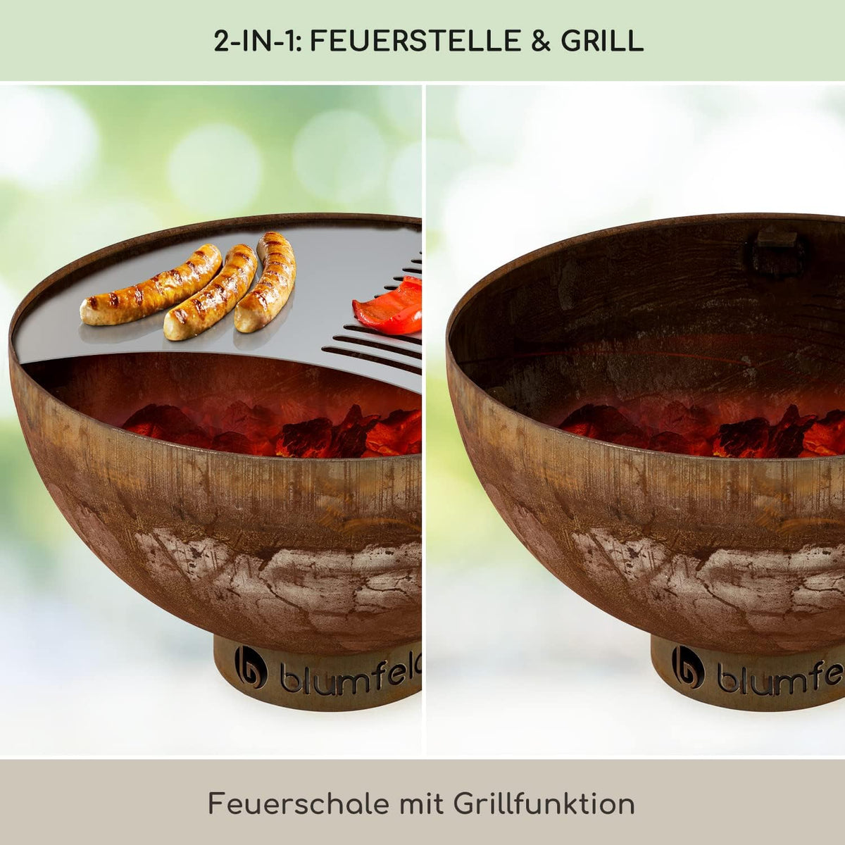 Blumfeldt Savage vuurschaal met grillrooster, Ø 60,5 cm, vorst- en waterbestendig, brandstof: brandhout of houtskool, staal, incl. bescherming tegen weersinvloeden, klein, roest