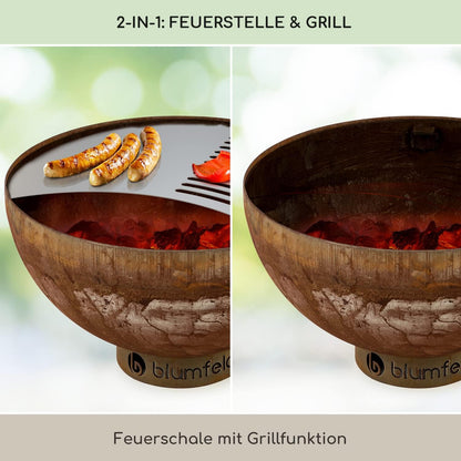 Blumfeldt Savage vuurschaal met grillrooster, Ø 60,5 cm, vorst- en waterbestendig, brandstof: brandhout of houtskool, staal, incl. bescherming tegen weersinvloeden, klein, roest