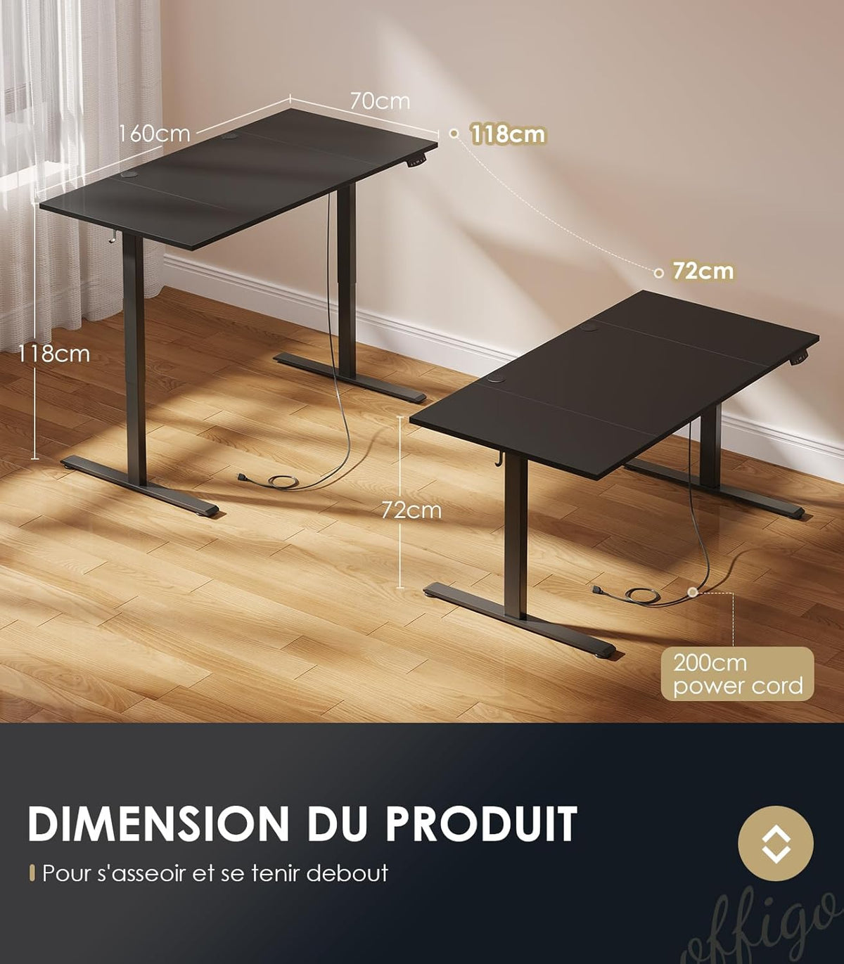 OffiGo in Hoogte Verstelbaar Bureau, 160 cm Elektrisch Bureau, Ergonomisch Bureau met Geheugenfunctie, Hoogte Verstelbaar Gaming Bureau, Modern Computerbureau Voor Thuis, Zwart