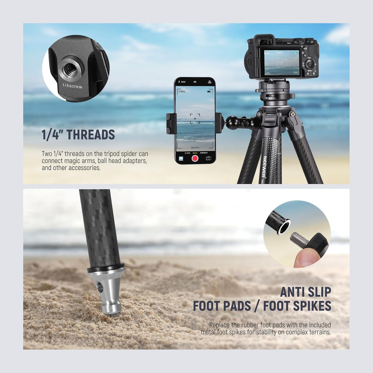 NEEWER LITETRIP LT32 62" reisstatief koolstofvezel met ±15° nivellering, 360° panoramakop, afneembare middenas, snelle flip-gesp, Arca QR-plaat compatibel met Peak Design Capture V3, (voormalig TP62)
