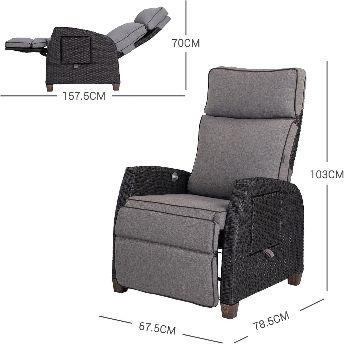 Grand patio Recliner Lounger with Seat Cushion, Aluminium Frame, Garden Chair, Adjustable Backrest, Rattan Sun Lounger for Indoor, Outdoor (Grey Seat Cushion and Brown Rattan) - QUORE