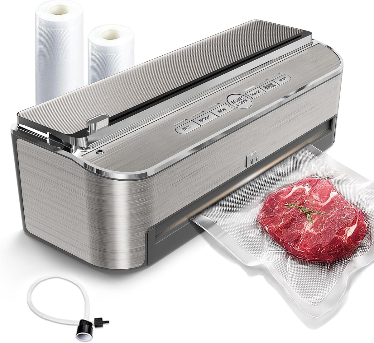 Mesliese 85 kPa 120 W vacuümapparaat, automatische voedselverzegelingsmachine, krachtig verzegelingssysteem, ingebouwd snijapparaat, zakopslag, 2 rollen zakken (Roestvrij staal)