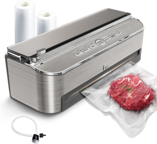 Mesliese 85 kPa 120 W vacuümapparaat, automatische voedselverzegelingsmachine, krachtig verzegelingssysteem, ingebouwd snijapparaat, zakopslag, 2 rollen zakken (Roestvrij staal)