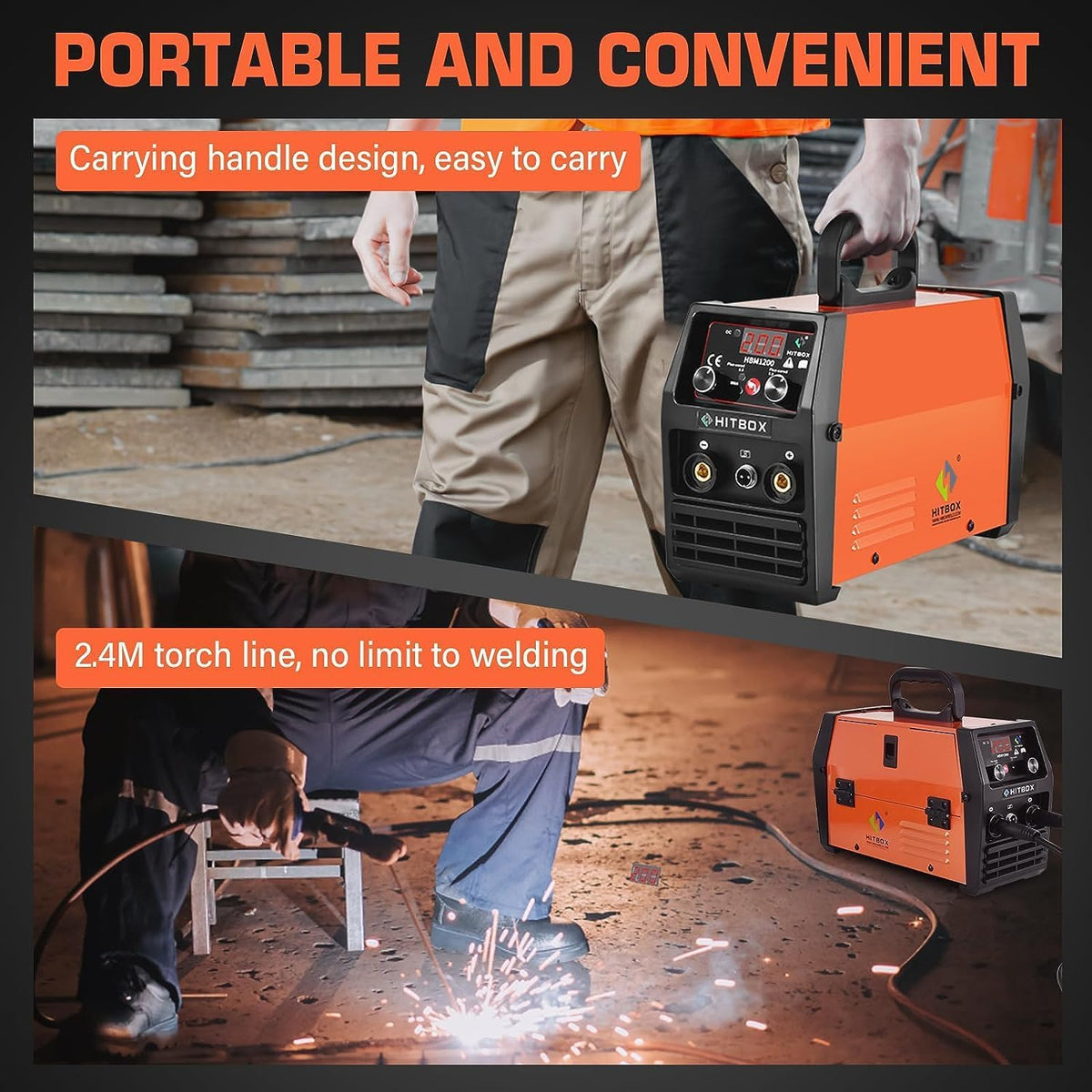 HITBOX 200A Gasloze MIG Lasser, 3-in-1 Flux Core Lasser MIG/ARC/Lift TIG, Draagbare 230V IGBT Inverter Lasmachine met Laskap & 0,8mm Draad, Perfect voor Beginners (HBM1200)