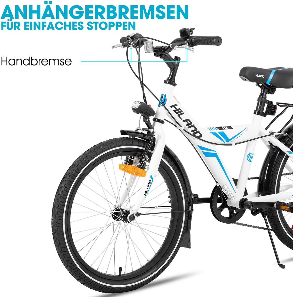 Hiland Mountainbike, 16/18/20 inch, voor jongens en meisjes vanaf 4, 5, 6, 7, 8, 9 jaar, lichte bagagedrager, steunwielen/standaard, zwart/wit