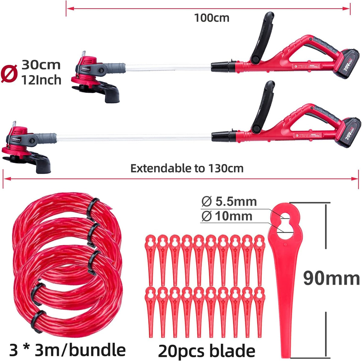 Accu Grastrimmer – Graskantentrimmer – Elektrische Trimmer – Snoerloze Grasmaaier – Tuintrimmer – 25 cm Snijbreedte – 90° Roteerbare Trimmerkop