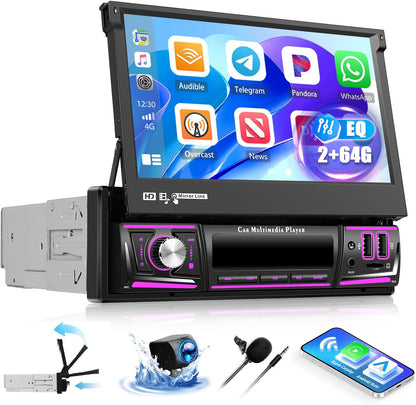 OiLiehu 2+64G Android 13 Autoradio 1 Din met Draadloze CarPlay Android Auto 7" IPS Handmatig Uitklappend met Beeldscherm GPS WiFi Bluetooth Mirror Link FM RDS SWC USB EQ AUX TF-Port