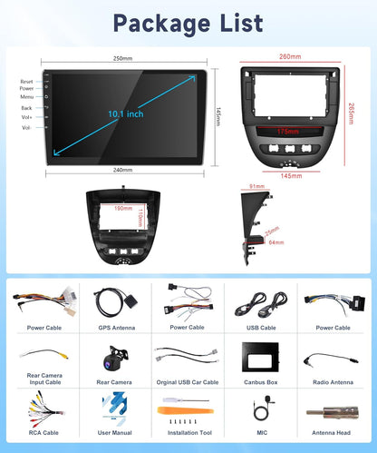 2+64G 10" Wireless Carplay Android Auto Android autoradio voor Toyota Aygo/Peugeot 107/Citroen C1 2004-2014 met touchscreen met Bluetooth HiFi/RDS/FM-radio + Navi/AHD achteruitrijcamera/CANBUS