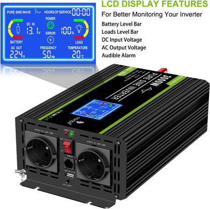 NOVOPAL 3000 W zuivere sinus omvormer 12 V naar 230 V spanningsomvormer power omvormer converter met 5m afstandsbediening LCD-display & 2 EU AC-stopcontacten & 2.1A USB-poorten