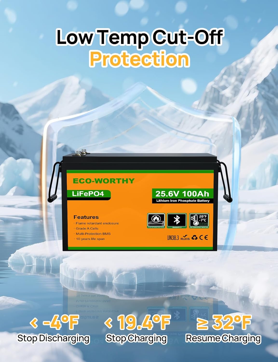 ECO-WORTHY LiFePO4 Batterij Bluetooth BMS Low Temperature Protection en 4000-15000 cycli 640Wh lithiumbatterij voor trolling-motor, boot - QUORE