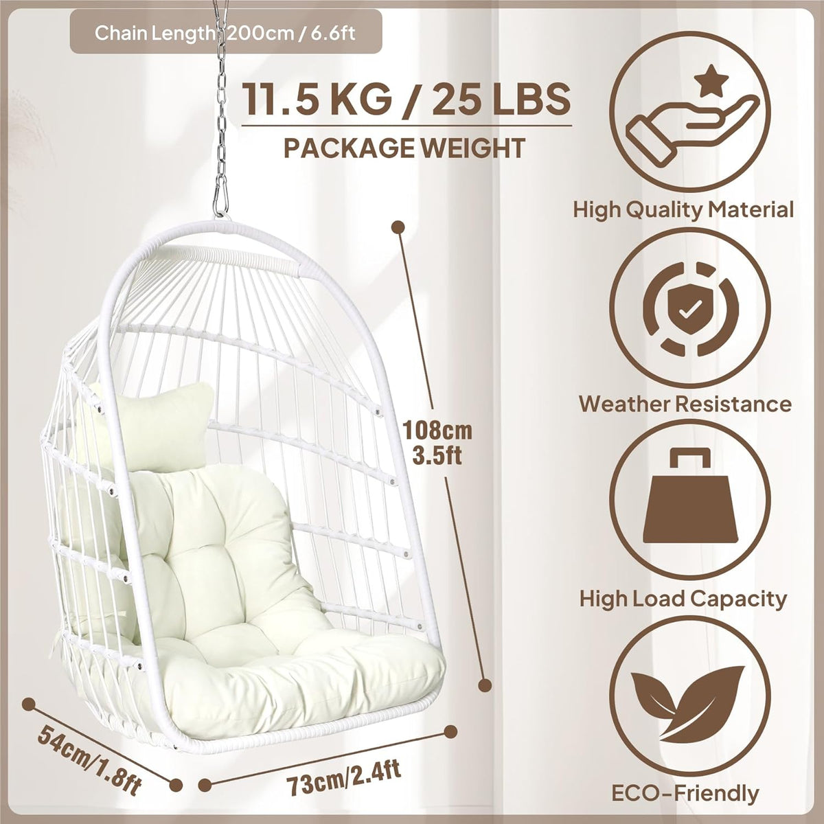 Chihee Opvouwbare rieten rotan hangstoel schommel - binnen/buiten patio rieten hangstoel met roestvrijstalen hangset ketting schakel UV-bestendig kussen voor slaapkamer/balkon