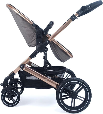 Pixini Neyla Combi kinderwagen met stoffen kuip, buggy, luiertas, drankhouder, regenzeil, muggennet, aankleedkussen (goud/bruin)