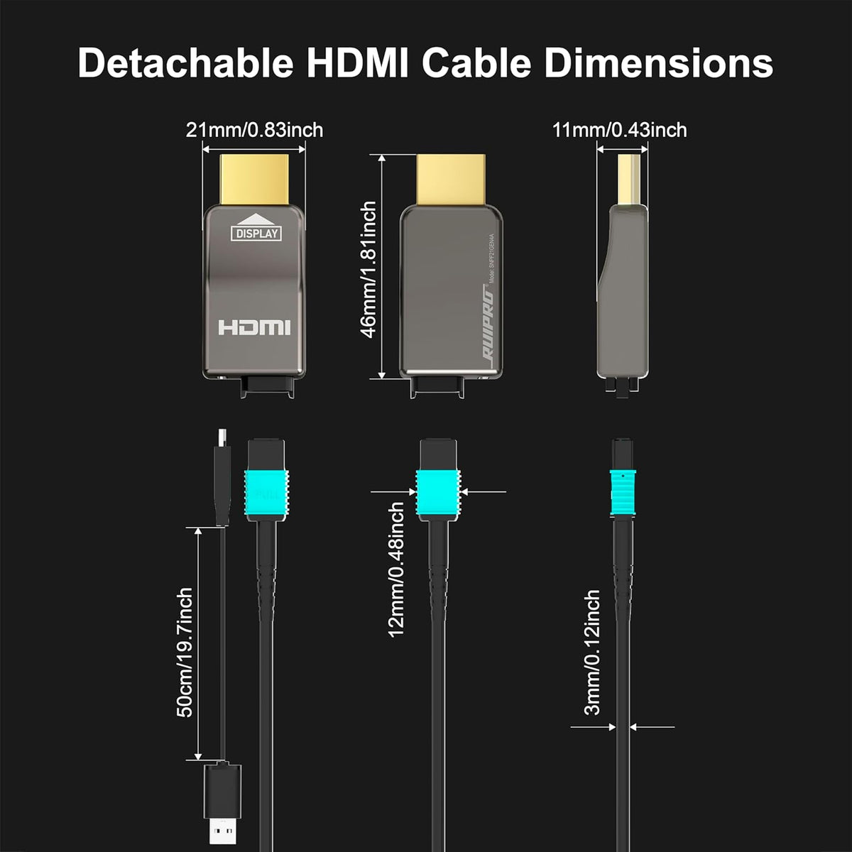 RUIPRO 8K HDMI-kabel 2.1 pure glasvezel 3M, afneembare stekker, met versterkte ommanteling, Ultra High Speed 48 Gbit/s, 8K @60Hz, 4K @120Hz, HDR, eARC, compatibel met PS5, Xbox, TV, projector, AVR