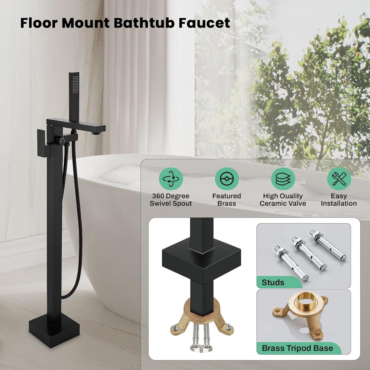 FAHKNS Tub Filler Freestanding Bathtub Faucet Matte Black Floor Mounted Tub Filler Faucet High Flow Brass Tap With Hand Shower