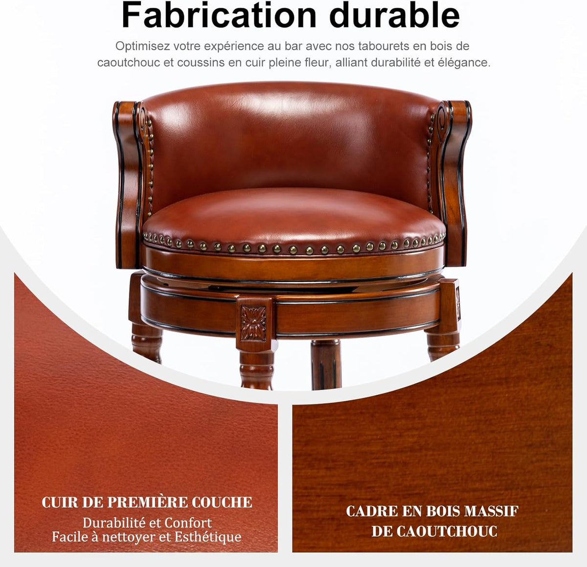 Barkruk van volnerfleer, draaibaar, met rugleuning, beklede stoel voor bar en keuken, massief houten frame, geschikt voor restaurants, hotels en thuis (bruin, zithoogte 65)