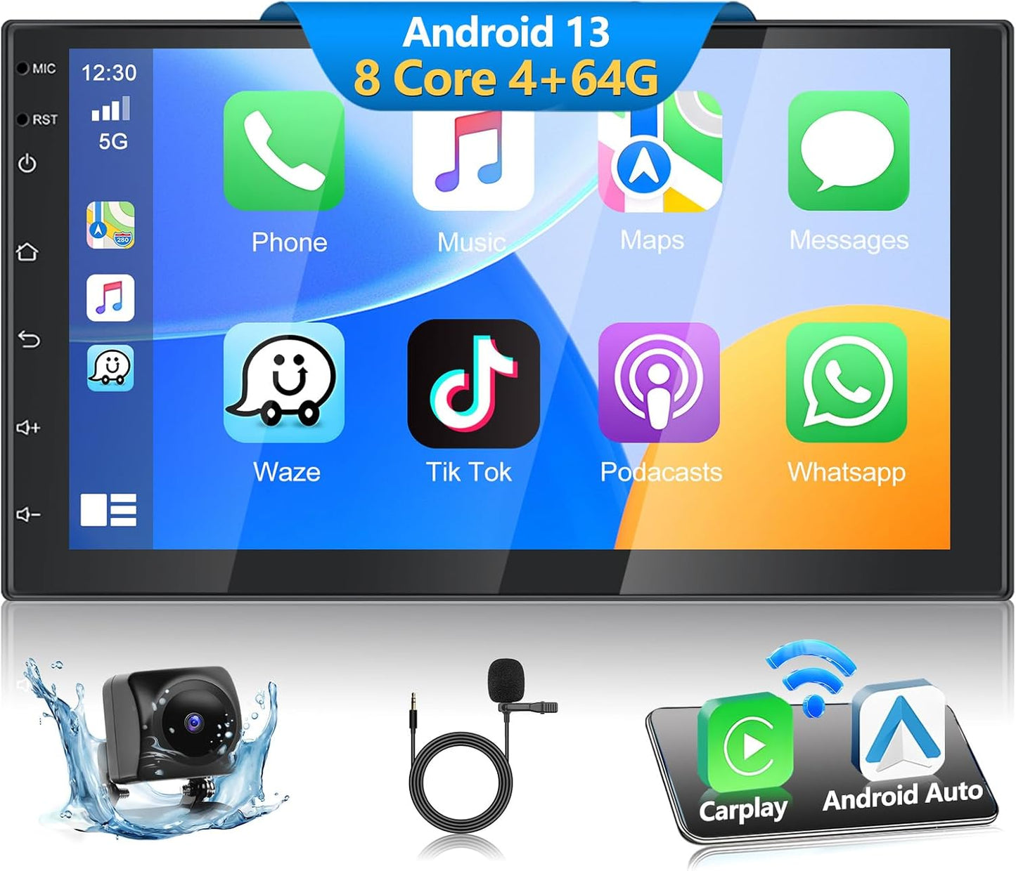 Podofo Android autoradio 2 Din met draadloos Carplay Android Auto, 4+64G 7 inch Android Bluetooth autoradio 2 Din met scherm met 59 UI, GPS, WiFi, SWC, RDS/FM-radio + achteruitrijcamera
