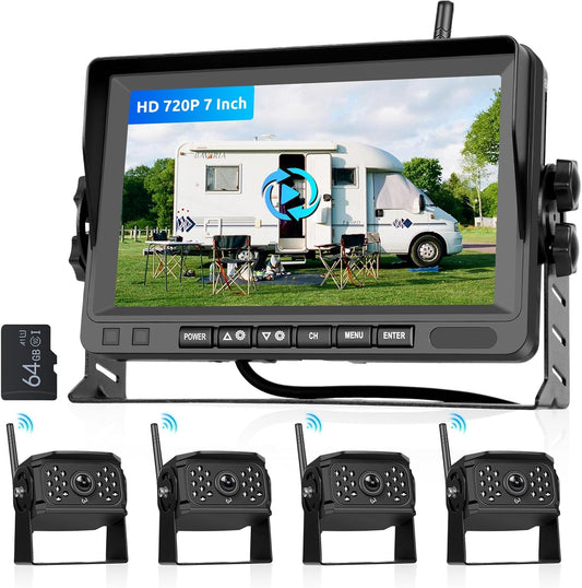 Hodozzy Digitale draadloze achteruitrijcameraset, monitor, 4 camera's, gedeeld scherm, 7 inch opname, video, waterdicht, nachtzicht, front-zijaanzicht, draadloze achtercamera, voor vrachtwagen, auto,
