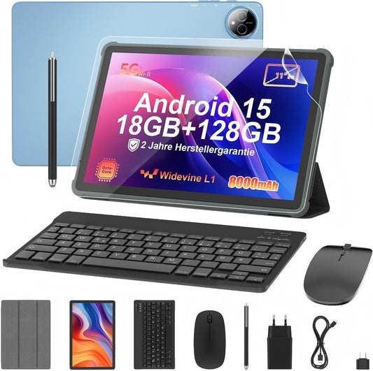 Tablet 11 inch met toetsenbord: Android 15 8000 mAh Octa-Core 18 GB + 128 GB 2TB TF Tablet PC - WiFi 6 BT 5.2 1280*800 FHD + IPS 13MP + 5MP camera met muis, USB C, adapter, hoes, OTG-adapter, pen