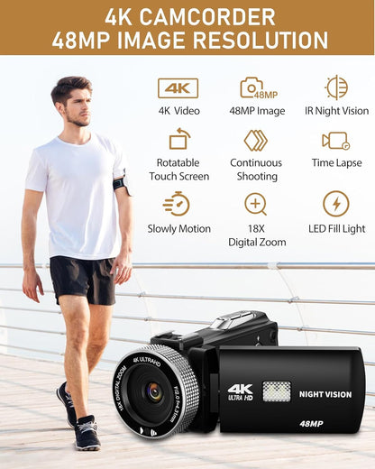 Camcorder 4K – Videocamera – Vlogcamera – Video Camera – Digitale Camera – 48 MP – Infrarood Nachtzicht