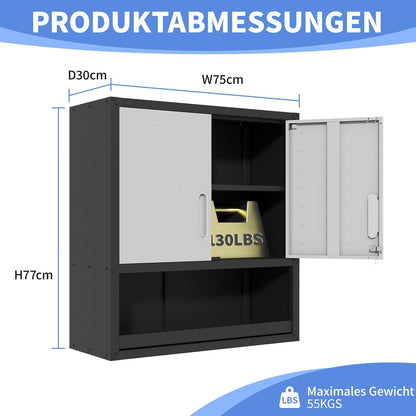 Garagewandkast met deuren en planken, metalen wandkast met open opbergruimte, hang-gereedschapskast voor garage en bijkeuken, zwart en grijs