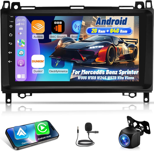 2G+64G Android Car Stereo for Mercedes Benz Sprinter W906 W169 W245 W639 Vito Viano, Wireless Carplay & Android Auto 9 Inch Touchscreen Radio with WiFi/GPS/Bluetooth/EQ/FM RDS Radio+Backup Camera