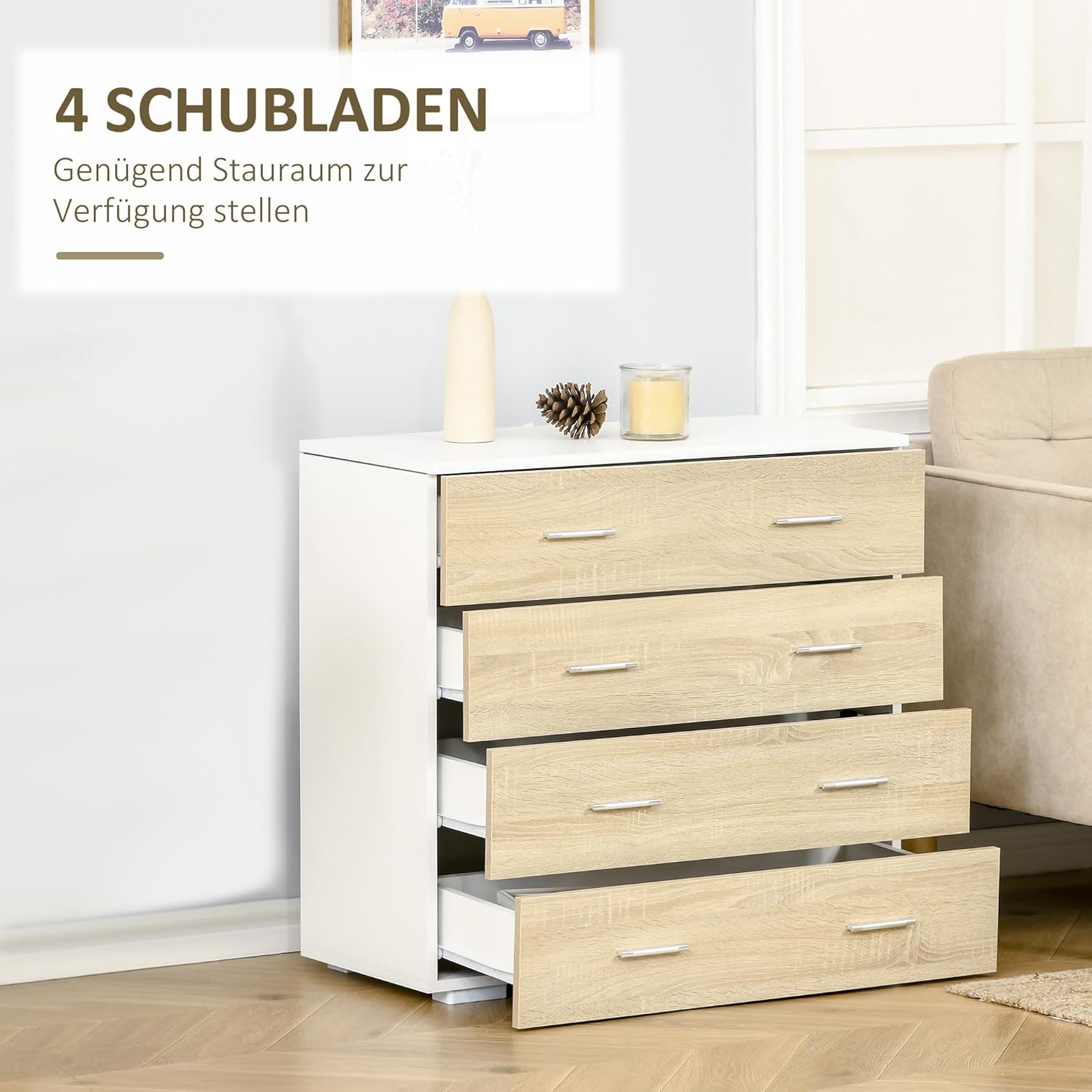HOMCOM Chest of Drawers with 4 Drawers Bathroom Cabinet Chest of Drawers for Bedroom Living Room Oak White 76 x 35 x 72 cm - QUORE