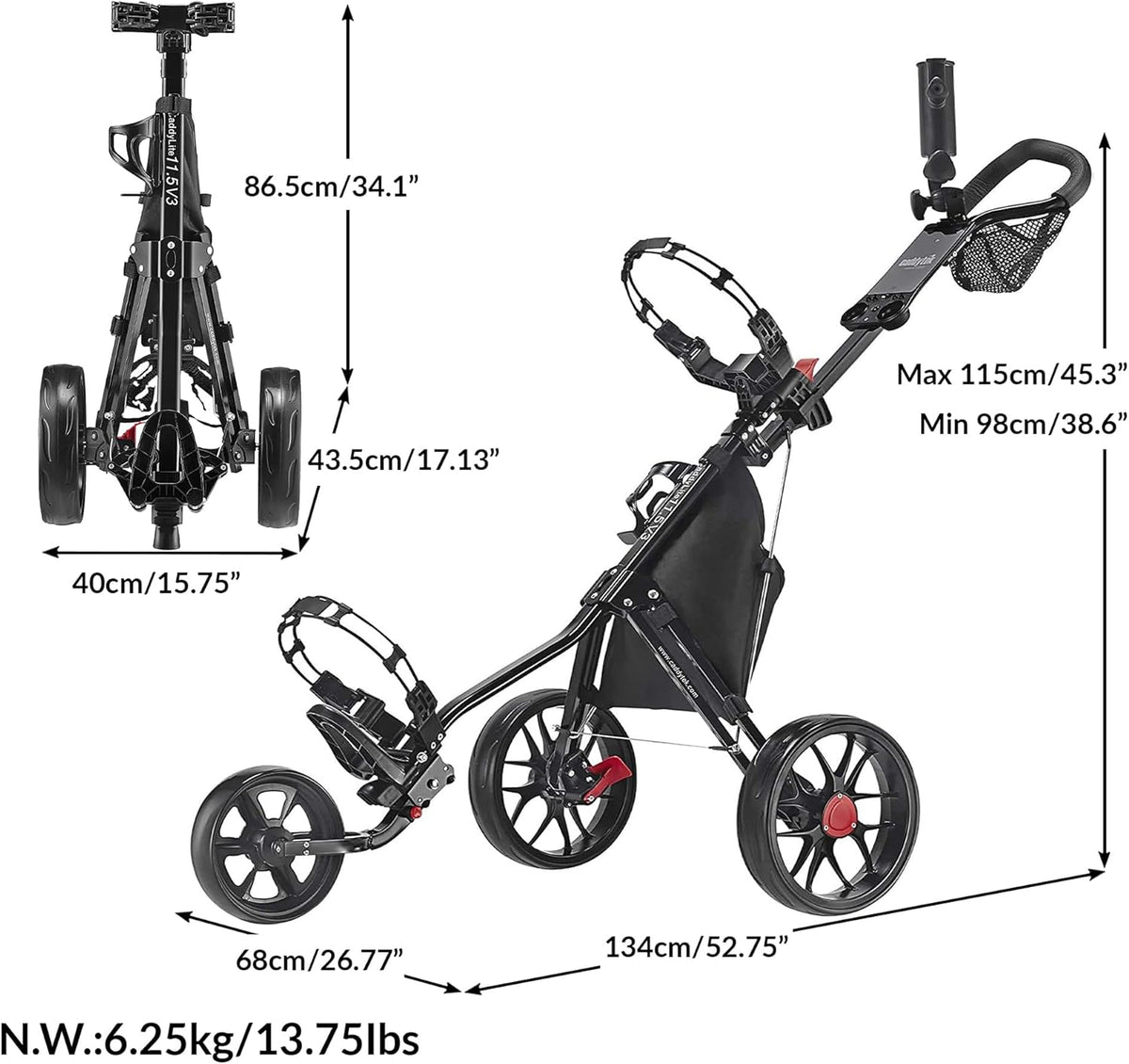 Golfduwwagen – Golftrolley – Golfkar – Golfkarretje – Push Cart – 3-wielig, Lichtgewicht – Compact Inklapbaar