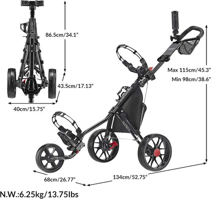 Golfduwwagen – Golftrolley – Golfkar – Golfkarretje – Push Cart – 3-wielig, Lichtgewicht – Compact Inklapbaar