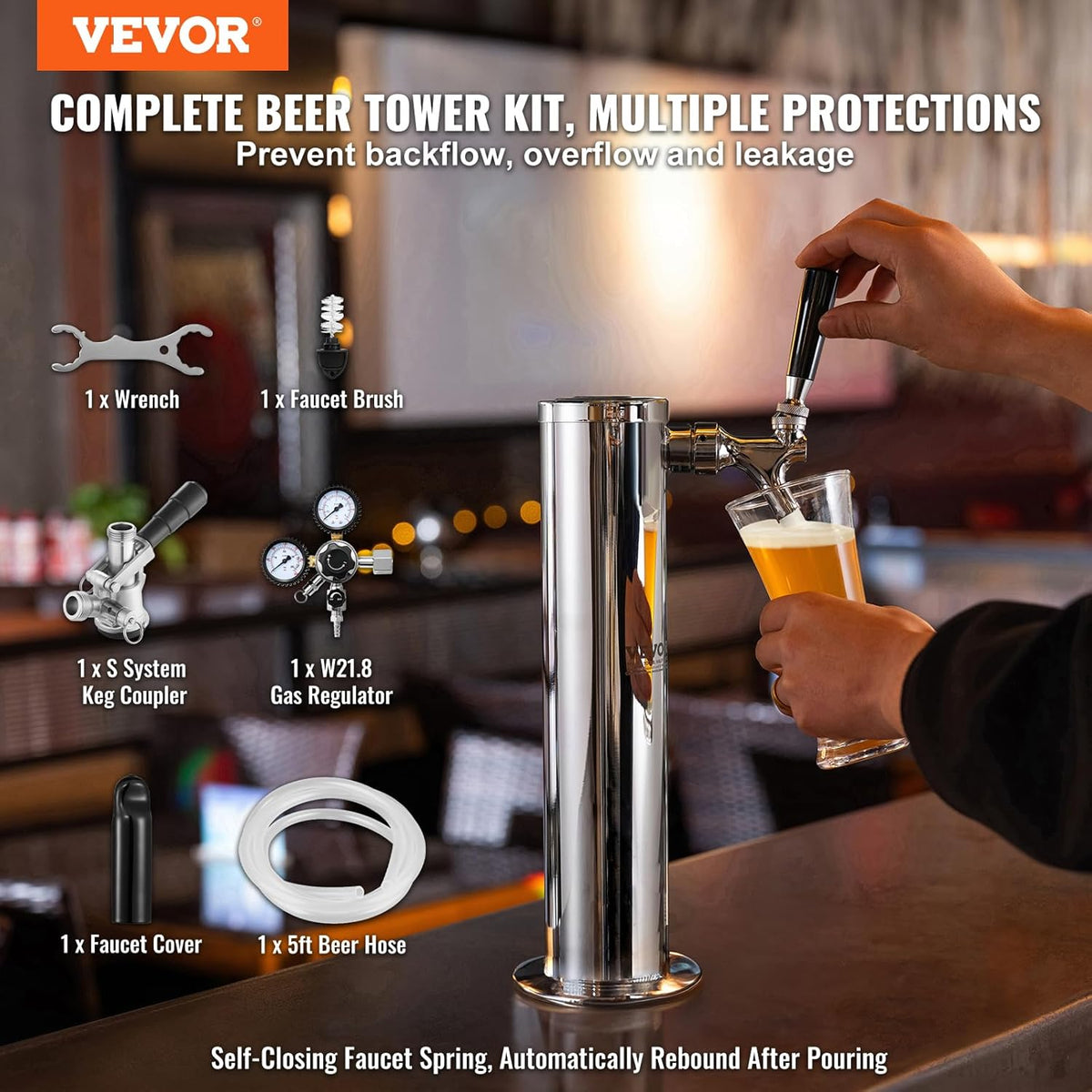 VEVOR Kegerator Tower Kit, Bierconversiekit met één tik, roestvrijstalen vaatje biertorendispenser met dubbele meter W21.8-regelaar en S-systeemvatkoppeling voor feesthuis