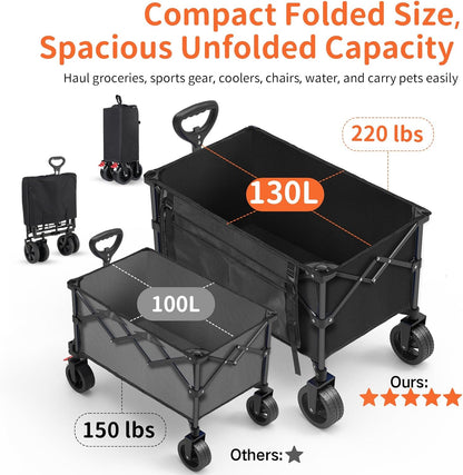 BELEEV Inklapbare Handwagen, Zware Klasse All-Terrain Handwagen met 6in Grote All-Terreinwielen, 130L Grote Capaciteit, Zijzakken & Drankhouders voor Strand Tuin Camping Sport Winkelen -Black