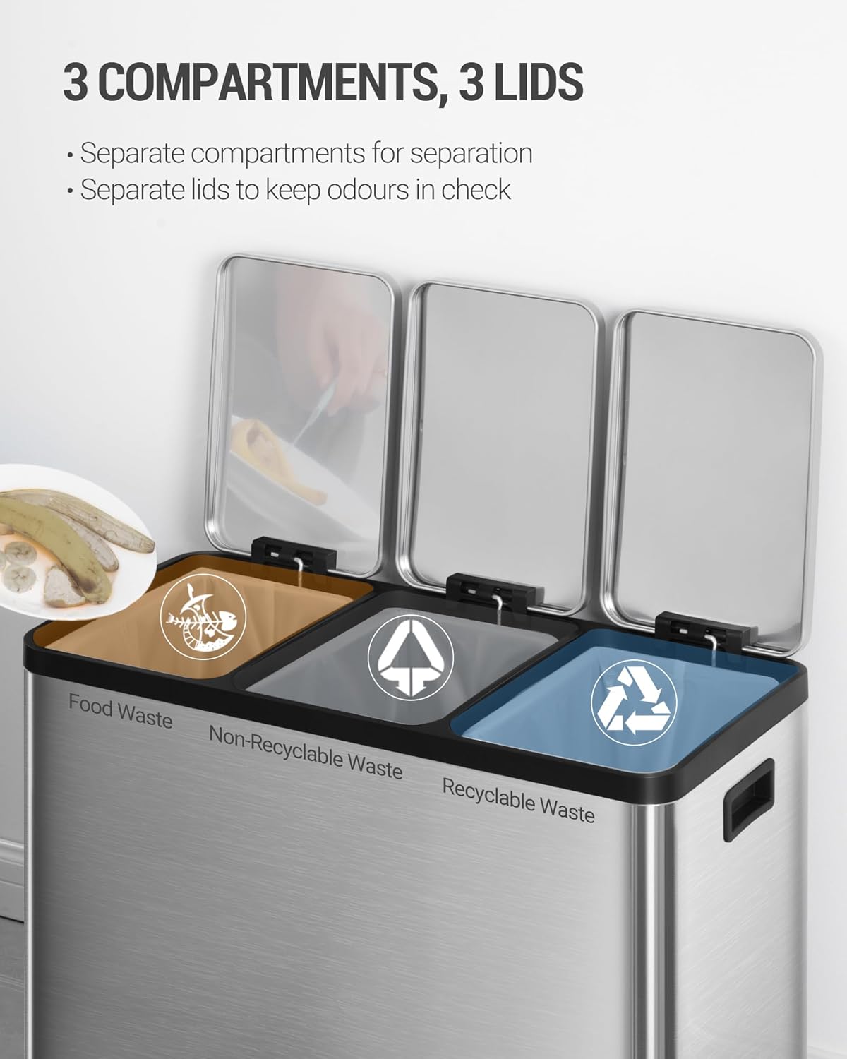 Hzuaneri Garbage Separation System for Kitchen, 3 Compartments, 45 L (3 x 15 L), Stainless Steel Kitchen Waste Bin, Pedal Bin with Colour-Codable Pedals, Waste Bin, Quiet Slow Descent, Silver