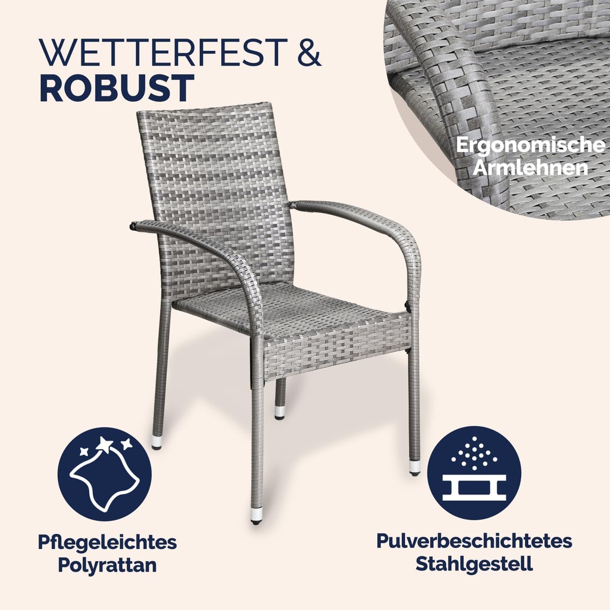 CASARIA® Set of 4 Polyrotin Stackable Outdoor Chairs with Armrests | Stackable, Weatherproof Outdoor Chairs with Armrests | Load Capacity of 160 kg | For Camping, Patio, Balcony - QUORE