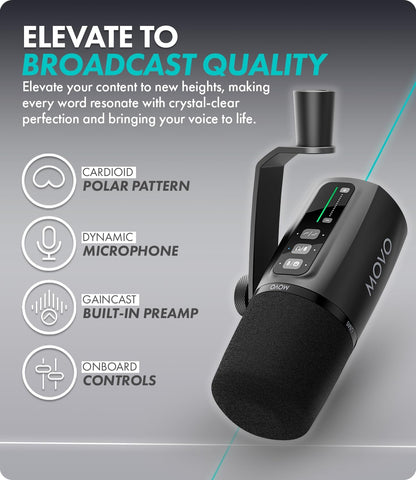 Movo UM6 Dynamische Podcasting Microfoon met ingebouwde GainCast voorversterker, Mic Gain, High Frequency Boost en XLR/USB uitgangen