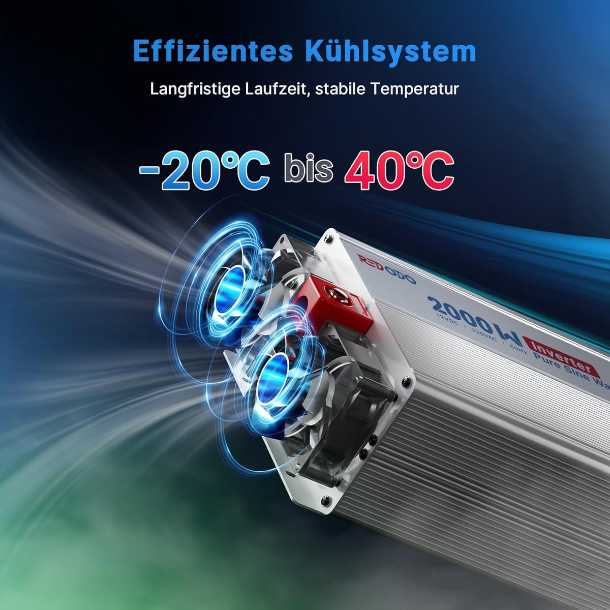 Redodo Pure Sine Wave omvormer, 2000 W, 2 V DC naar 230 V AC converter voor dames, camping, zonne-omvormer met 2 AC-uitgangen, monitoring-scherm met real-time statusweergave
