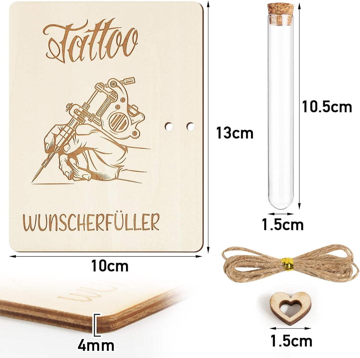 Tattoo cadeau van hout, tattoo, geldcadeau, verpakking met reageerbuisjes, grappig cadeau voor dames en heren, tattoo-liefhebbers, tatoeëerders