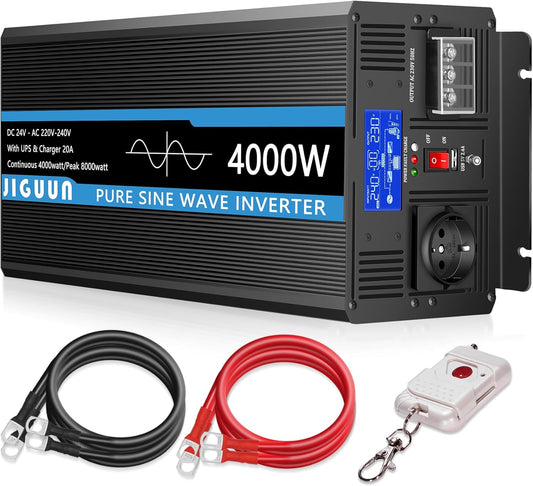 4000W Zuivere Sinus Omvormer – Inverter – Stroomomvormer – UPS – Netprioriteit – 24V Naar 230V – 20A Laadfunctie – Draadloze Afstandsbediening Met LCD - QUORE