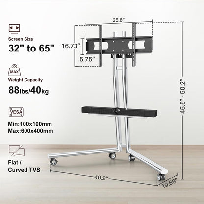 Mobiele tv-kar ezel rollende tv-standaard met soundbar-plank voor schermen van 32 tot 65 inch, minimalistisch roestvrijstalen frame met 360 ° wielen, draagbare vloer-tv's staan tot 80 lbs Max VESA