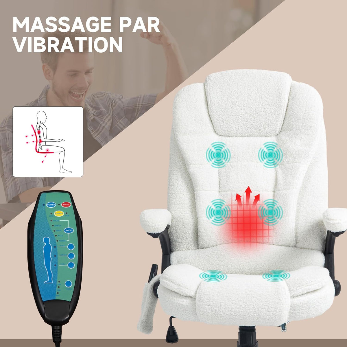 Massage- En Verwarmde Bureaustoel – Bureaustoel – Ergonomische Stoel – Kantoormeubel – Werkstoel – Verstelbare Hoogte en Rugleuning – Ingebouwde Massage- En Verwarmingsfunctie – 360° Draaibaar – Polyesterstof Wit