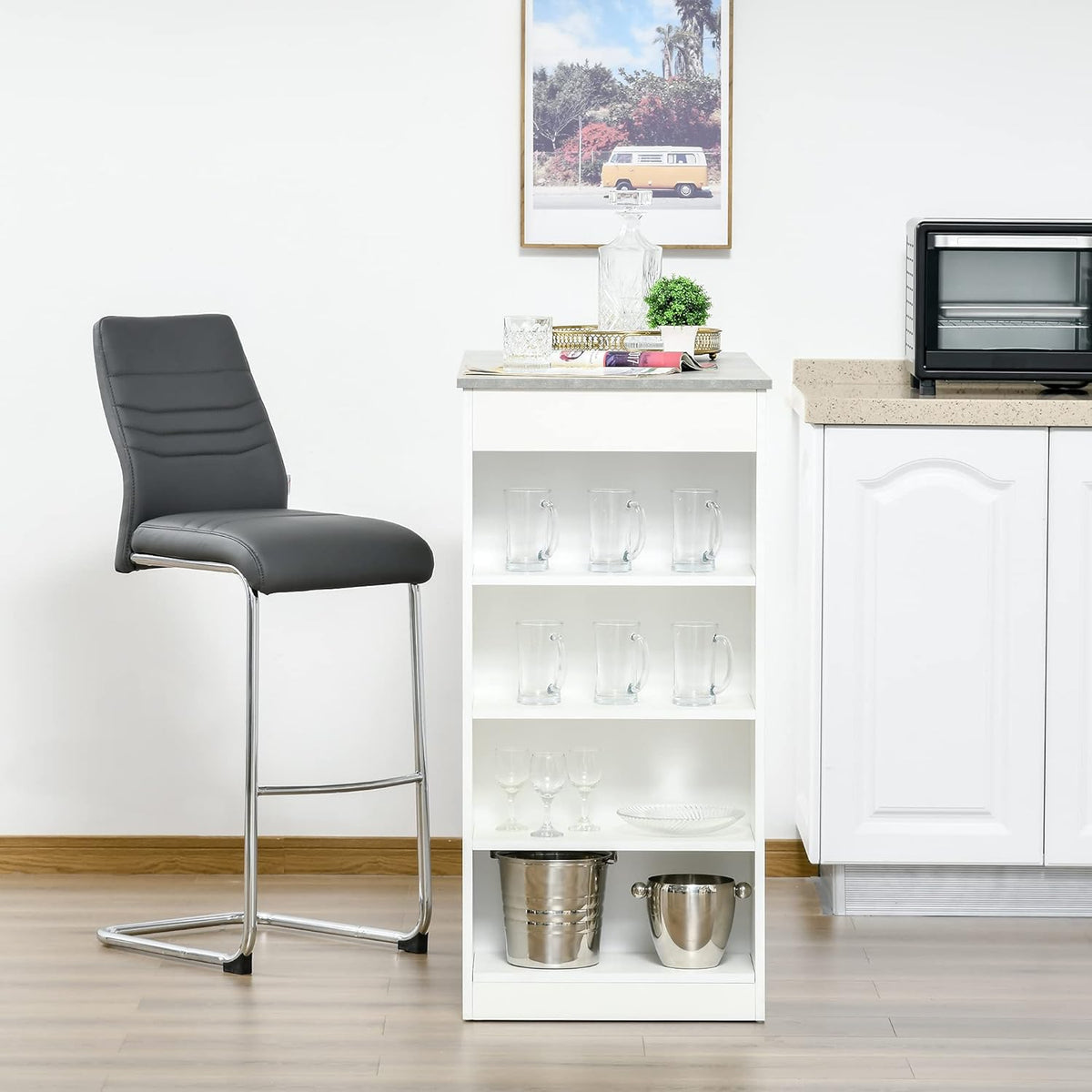 HOMCOM bar table kitchen table with 4-tier storage shelf with table top for restaurant kitchen living room chipboard white + grey 115 x 50 x 102.5 cm - QUORE