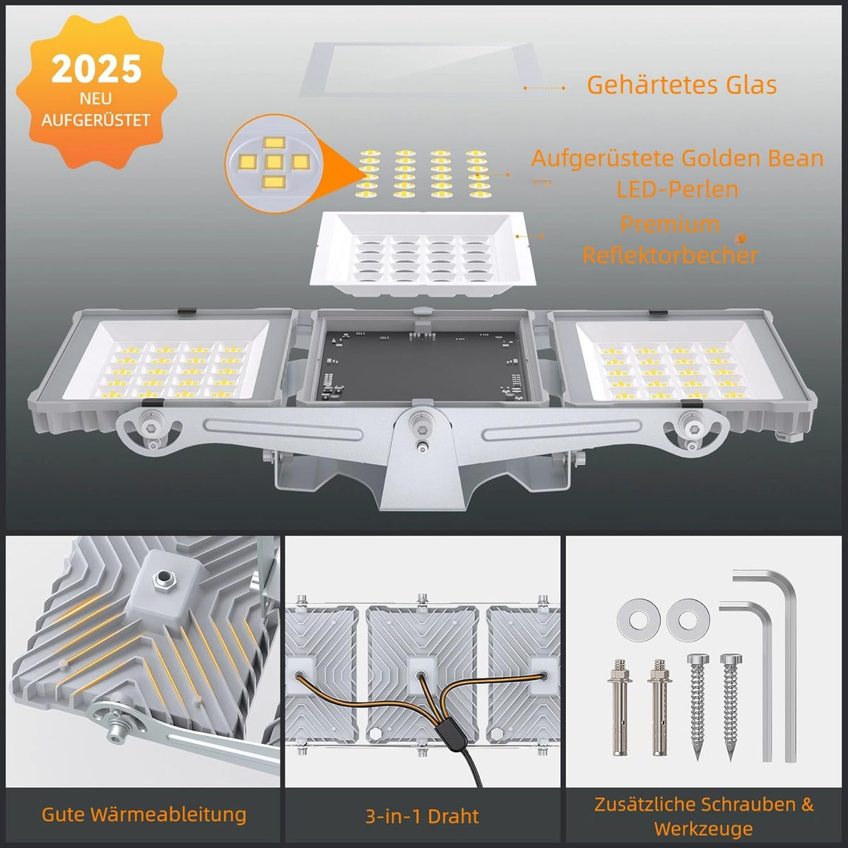 SOLLA 300 W led-schijnwerper voor buiten, ultra helder, 30.000 lumen, 6000 K, daglicht, wit, IP66 waterdicht, stadioverlampen, 3 heads outdoor floodlight, veiligheidsverlichting voor tuinen, patio's,