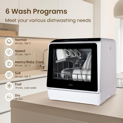 HAVA Tabletop dishwasher, mini dishwasher with 6 programs and built-in 5 litre water tank, no connection required, baby supplies and air drying function for homes and motorhomes