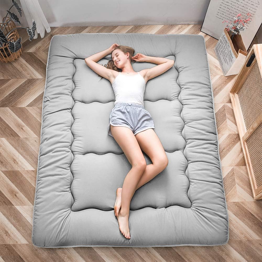 Maxyoyo Japanese Floor Mattress, Futon Mattress, Thicken Tatami Mat, Sleeping Pillow, Foldable, Roll-Up Mattress, Dormitory, Mattress, Floor Lounger, Pillow, Bed (Grey, Double)